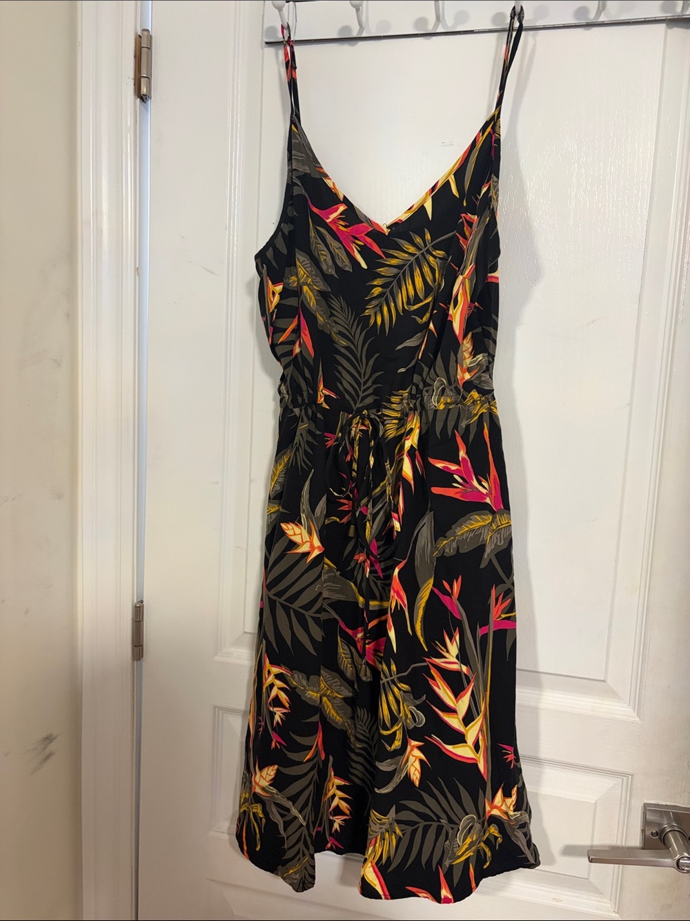 George Black Mini Dress with Yellow and Pink Tropical Print